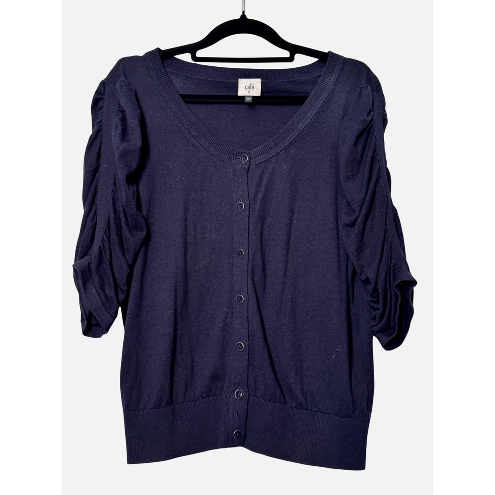 Cabi Navy Blue‎ Ruched Puff Sleeve V-Neck Button Front Cardigan Sweater  M